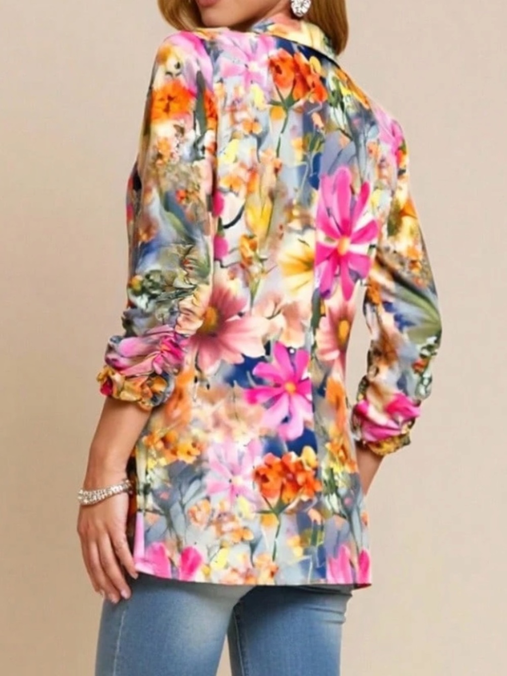 Classic Floral Print 3/4 sleeve Colorful Blazer - Picture 5 of 5